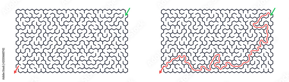 Fototapeta premium Labyrinth with paths marked in red and green solutions concept of labyrinth 