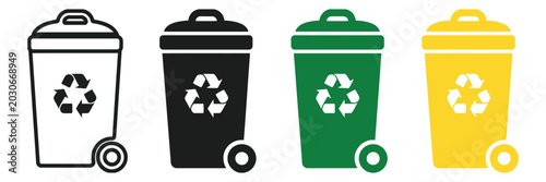 Foto Recycle Bin with Wheel Icon Set for Waste Management, Garbage Sorting and Enviro