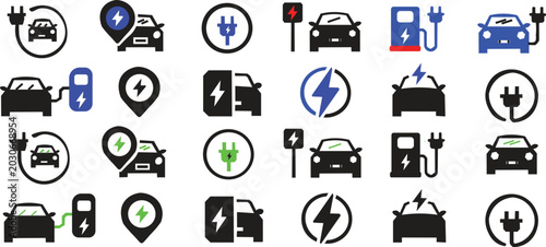 Electric car charging icon set. Electric vehicle icon set for green transport and EV charging station location pins vector illustration