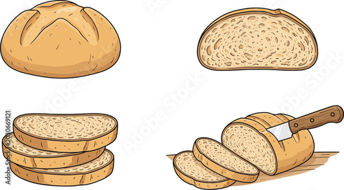 Photos Fresh Baked Bread and Slices Vector Icon Set with Knife for Bakery Menus, Food B
