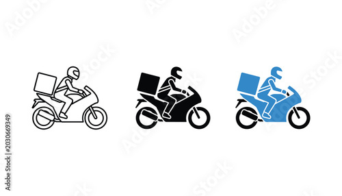 Quadro em tela Motorcycle delivery courier icon set in outline solid and blue color styles for