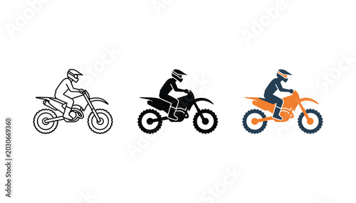 Foto Motocross rider on dirt bike icon set in three styles including outline solid an