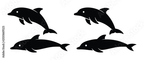 Photos Four black dolphin vector icons, minimalist marine animal silhouettes, simple aq