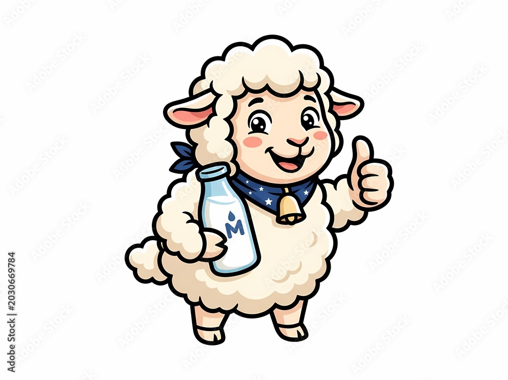Fototapeta premium Cute cartoon sheep character holding a glass bottle of fresh milk.