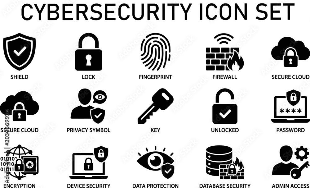 Fototapeta premium Cybersecurity icon set protection data privacy and network security graphics