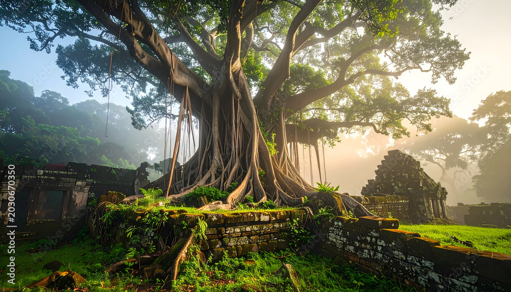 Fototapeta premium Strangler fig tree roots wrapping around stone ruins like giant tentacles with orchids and morning mist in a majestic jungle setting generative AI