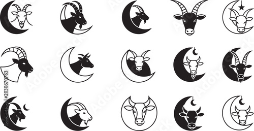 Foto Goat and Cow Head with Crescent Moon Minimalist Icons Set for Eid al Adha or Zod