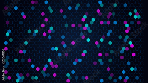 Cyber Hexagon Grid Magenta Teal Dark Navy Background. Dark navy hexagonal grid pattern with scattered magenta, teal, and blue accent hexagons for cyberpunk and tech design.