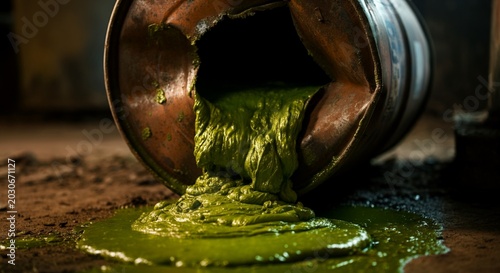 Macro photography punctured industrial chemical drum leaking thick toxic green.