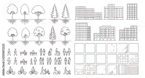 Bild auf Leinwand Architectural line icons set, minimalist building elevations and urban trees wit