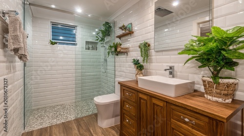 Modern bathroom interior showcases white subway tile, wood vanity, and abundant indoor greenery