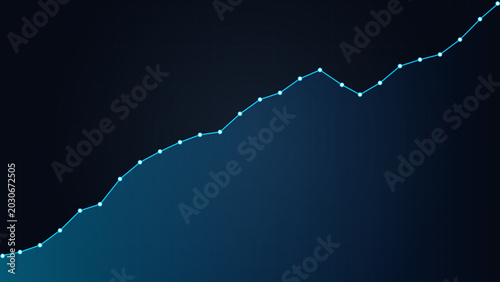 Wealth Growth Blue Dotted Line Chart Uptrend Dark Background. Rising cyan dotted line chart with glowing data points on dark navy blue background representing financial growth and wealth.