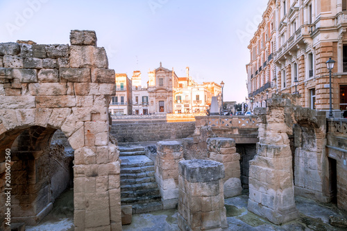 evening square of Roman amphitheatre of Lecce, Puglia, Italy
