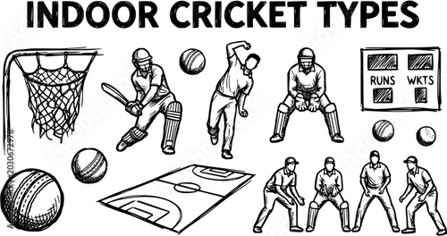 Fotografie Indoor Cricket Types Vector Sketch