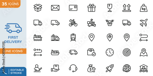 Collection of 35 line icons for logistics delivery and shipping concepts
