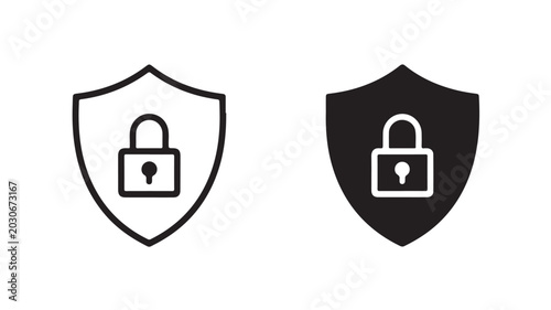 Shield and padlock icons in black and white minimalist line art for cybersecurity