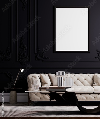 Elegant dark luxury interior with classic wall moldings, tufted sofa and vertical poster mockup frame.