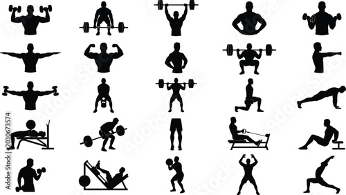 Tableau sur toile Fitness and bodybuilding silhouettes collection featuring athletic men exercisin