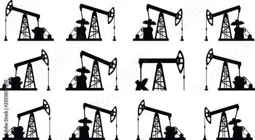 Foto Oil pump jack silhouettes collection featuring industrial crude oil drilling rig