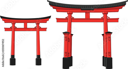 Foto Traditional Japanese Torii Gate Vector Illustration Set with Red Sacred Archways