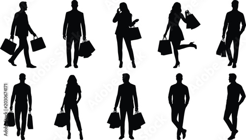 Tableau sur toile Shopping people silhouettes collection featuring men and women carrying paper ba