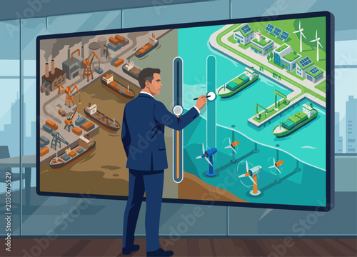 Bilde på lerret A professional man manipulates a large screen showcasing a harbor transformation ? from industrial to green