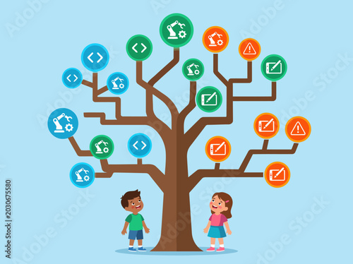 Tableau sur toile Two children admire a tech skill tree, representing learning programming concepts