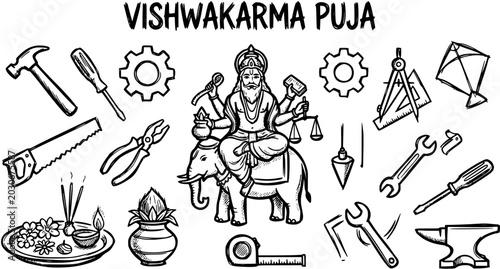 Canvastavla Vishwakarma Puja Black and White Line Art: Hindu Festival Illustration featuring Lord Vishwakarma, divine architect, and essential tools for industry and crafts