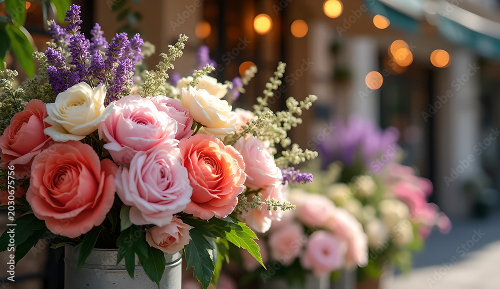 Obraz premium Elegant pink and peach roses bouquet in vintage zinc bucket at a Parisian street market