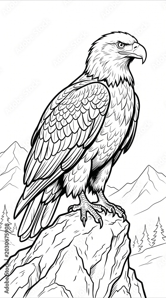 Fototapeta premium Stunning monochrome line art illustration of a powerful bald eagle majestically perched on a rugged rock formation, with a serene mountainous landscape featuring trees in the background