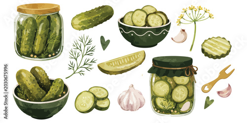 Bild auf Leinwand Watercolor Pickled Cucumbers and Gherkins Clipart Set