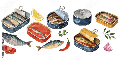 Cuadro en lienzo Watercolor Canned Sardines and Seafood Clipart Set