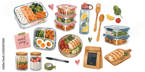 Foto Watercolor Healthy Meal Prep Clipart Set