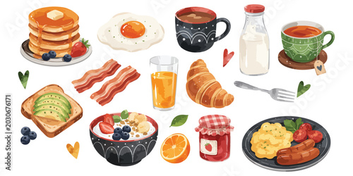 Obraz na płótnie Watercolor Breakfast Food and Drinks Clipart Set