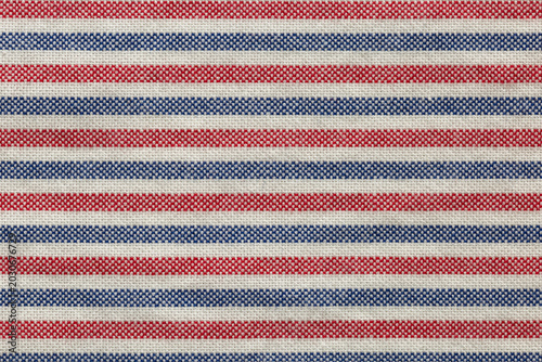 macro of blue, red  and white fabric linen striped texture