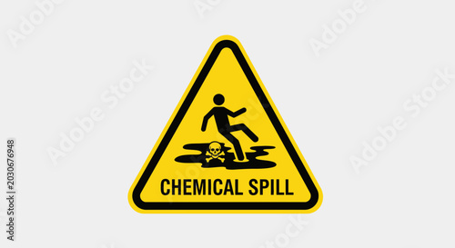 Chemical Spill Warning Sign with Slippery Surface and Toxic Hazard Symbol