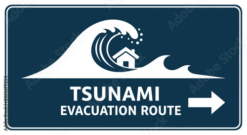 Foto Tsunami Evacuation Route Sign with House and Wave Icon
