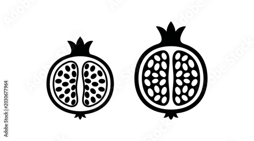 Tableau sur toile Stylized graphic icons of whole and sliced pomegranate fruit with seeds