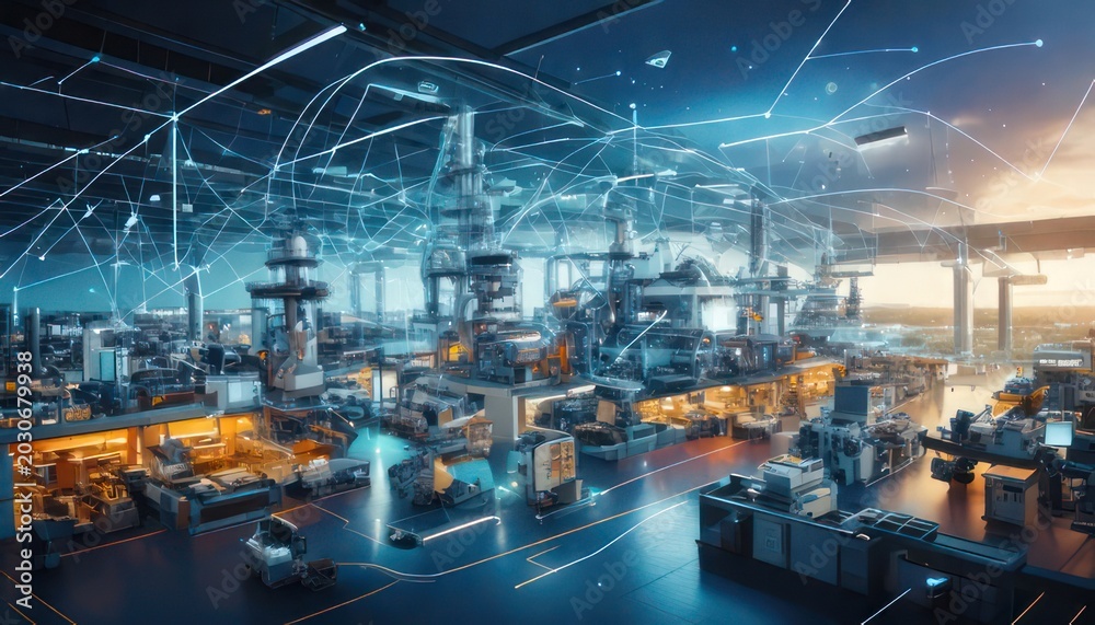Naklejka premium Futuristic Smart Factory with Advanced Automation and Digital Network.