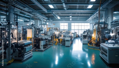 Modern Industrial Factory Interior with Advanced Machinery and Clean Environment.