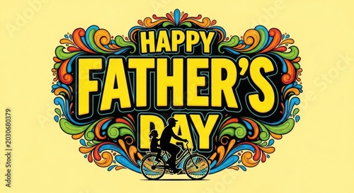 Happy fathers day greeting with vibrant abstract swirls and a silhouette of father and child on bicycle.