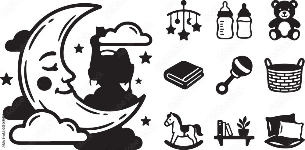 Obraz premium Baby Nursery Moon Sleeping Silhouette Vector Icons Set