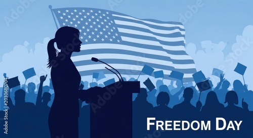 Silhouette of woman speaking at lectern during freedom day event with american flag background.