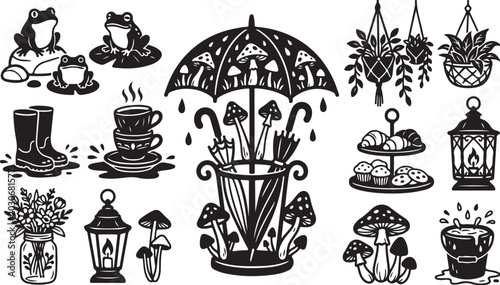 Whimsical black and white illustration set of objects
