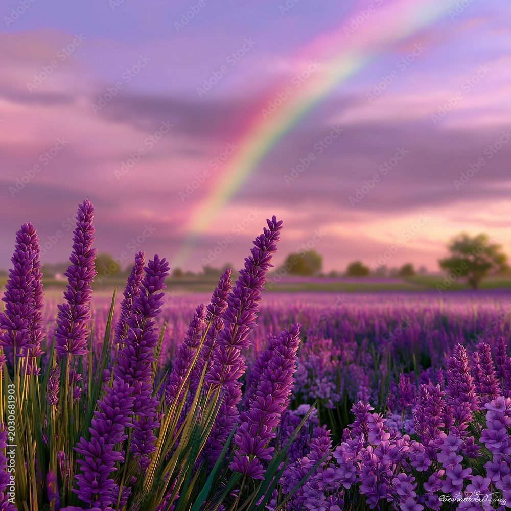 Fototapeta premium Dreamy lavender field beneath a soft pastel rainbow during sunset.