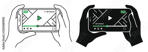 Tablou pe pânză Illustration of hands holding smartphone showing live video streaming interface