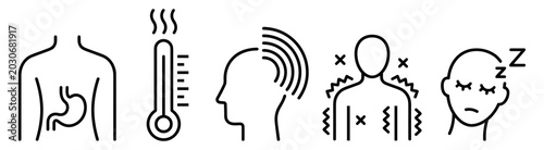 Fotografía Set of line icons representing stomach ache, fever thermometer, headache, body p