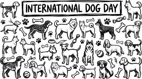 Photography International Dog Day Doodle Art: Variety of Dog Breeds, Bones, and Paw Prints i