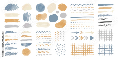 Abstract watercolor blobs lines arrows and grid textures set in earthy pastel tones vector illustration