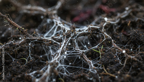 Mycorrhizal fungi network white mycelium threads in dark organic soil